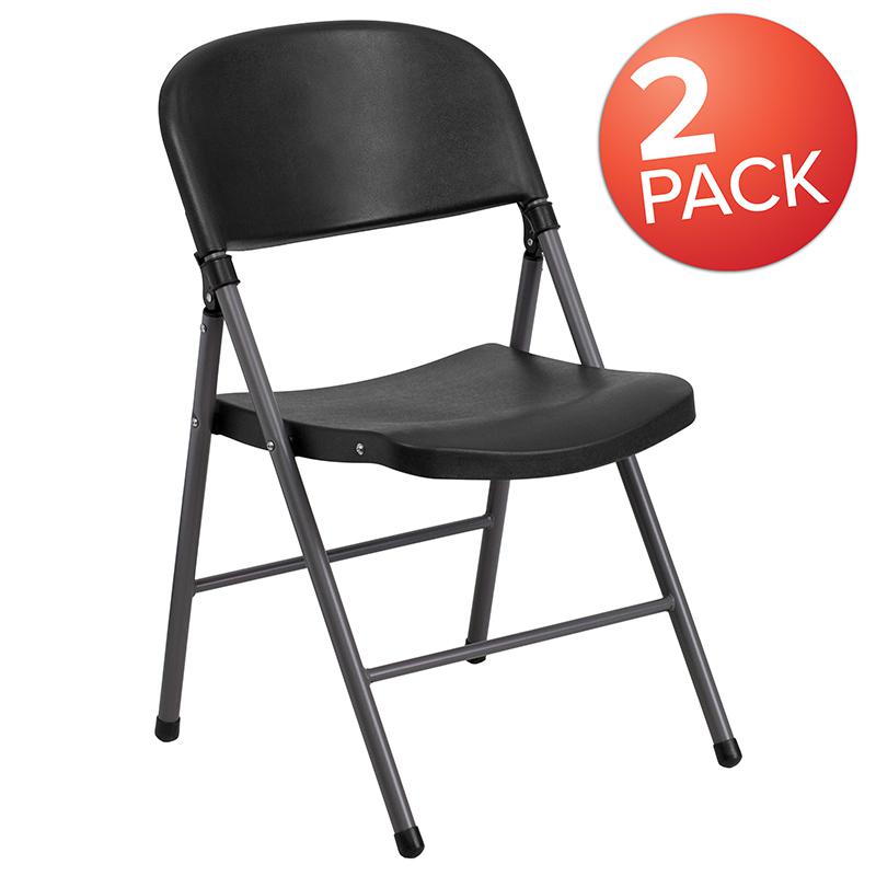 2 Pack HERCULES Series 330 lb. Capacity Black Plastic Folding Chair with Charcoal Frame - Flash Furniture