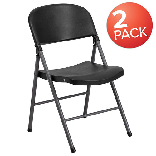 2 Pack HERCULES Series 330 lb. Capacity Black Plastic Folding Chair with Charcoal Frame - Flash Furniture