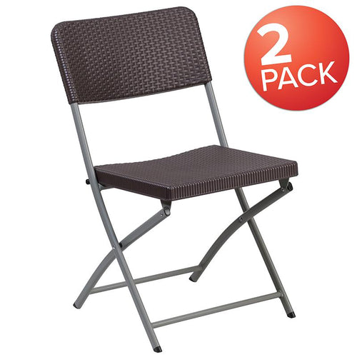 2 Pack HERCULES Series Brown Rattan Plastic Folding Chair with Gray Frame - Flash Furniture