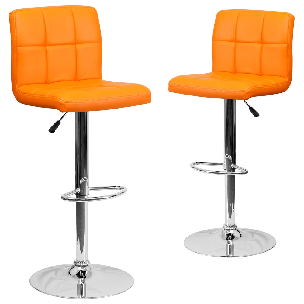 2 Pk. Contemporary Orange Quilted Vinyl Adjustable Height Barstool with Chrome Base - Flash Furniture