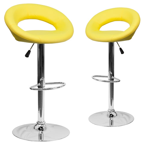 2 Pk. Contemporary Yellow Vinyl Rounded Back Adjustable Height Barstool with Chrome Base - Flash Furniture