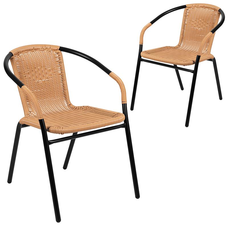 2 Pack Beige Rattan Indoor-Outdoor Restaurant Stack Chair - Flash Furniture