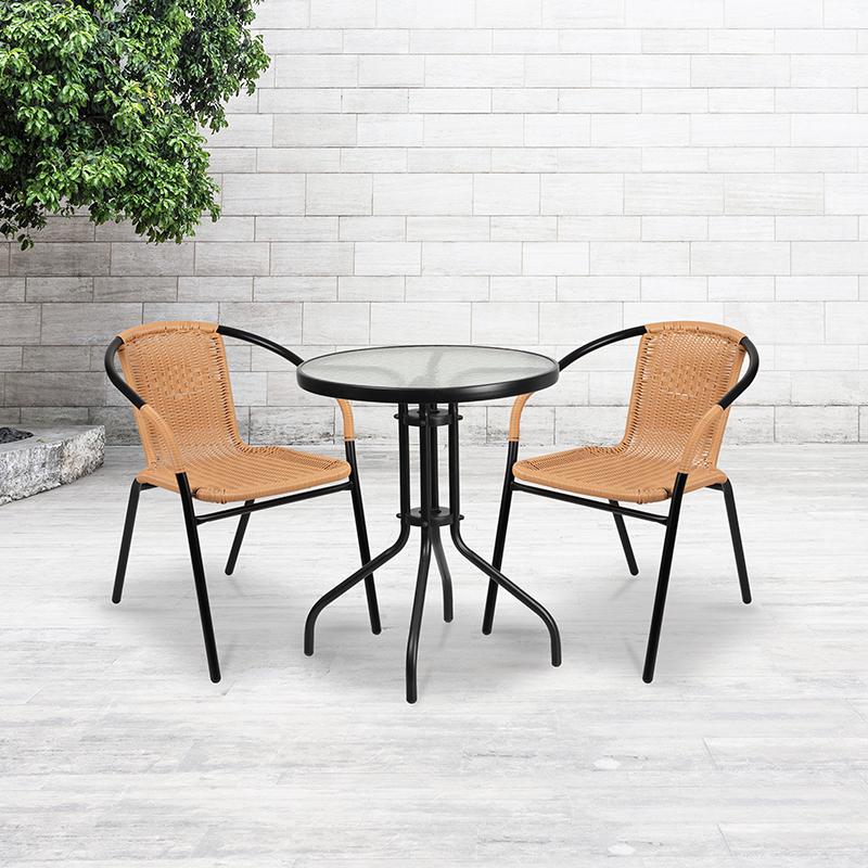 2 Pack Beige Rattan Indoor-Outdoor Restaurant Stack Chair - Flash Furniture