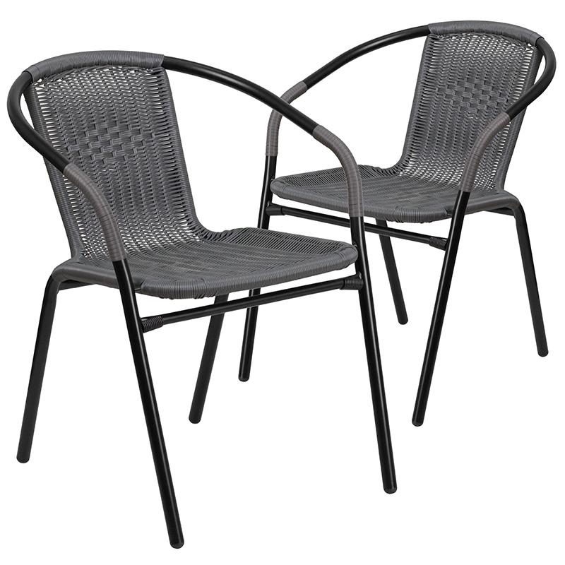 2 Pack Gray Rattan Indoor-Outdoor Restaurant Stack Chair - Flash Furniture