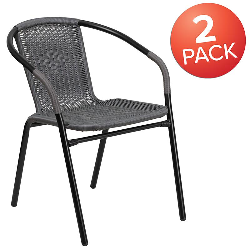 2 Pack Gray Rattan Indoor-Outdoor Restaurant Stack Chair - Flash Furniture