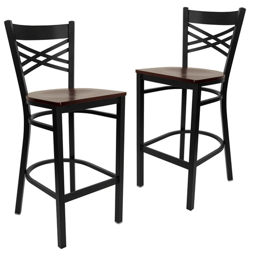2 Pk. HERCULES Series Black ''X'' Back Metal Restaurant Barstool - Mahogany Wood Seat - Flash Furniture