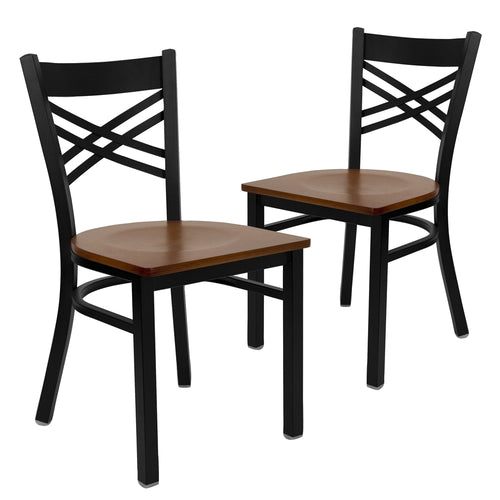 2 Pk. HERCULES Series Black ''X'' Back Metal Restaurant Chair - Cherry Wood Seat - Flash Furniture