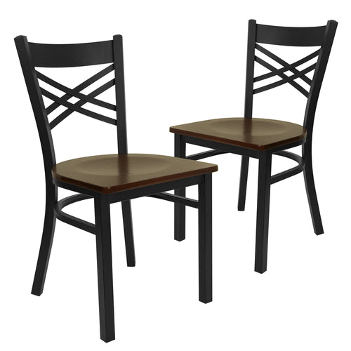 2 Pk. HERCULES Series Black ''X'' Back Metal Restaurant Chair - Mahogany Wood Seat - Flash Furniture