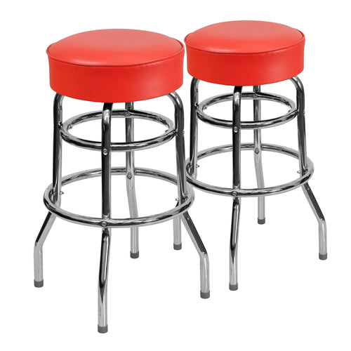 2 Pk. Double Ring Chrome Barstool with Red Seat - Flash Furniture