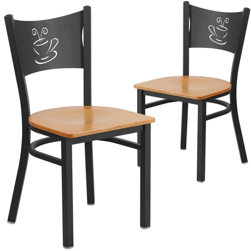 2 Pk. HERCULES Series Black Coffee Back Metal Restaurant Chair - Natural Wood Seat - Flash Furniture