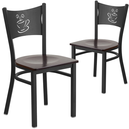 2 Pk. HERCULES Series Black Coffee Back Metal Restaurant Chair - Walnut Wood Seat - Flash Furniture