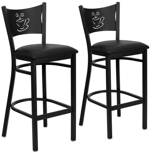 2 Pk. HERCULES Series Black Coffee Back Metal Restaurant Barstool - Black Vinyl Seat - Flash Furniture