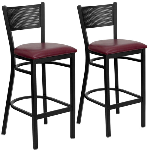 2 Pk. HERCULES Series Black Grid Back Metal Restaurant Barstool - Burgundy Vinyl Seat - Flash Furniture