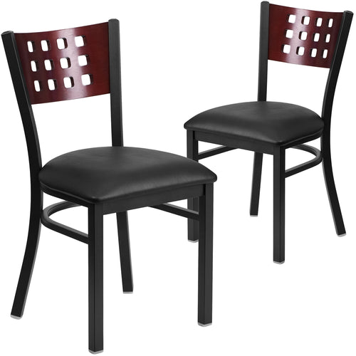 2 Pk. HERCULES Series Black Decorative Cutout Back Metal Restaurant Chair - Mahogany Wood Back, Black Vinyl Seat - Flash Furniture