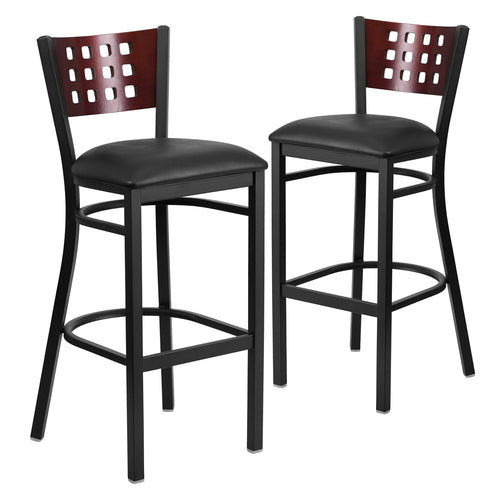 2 Pk. HERCULES Series Black Decorative Cutout Back Metal Restaurant Barstool - Mahogany Wood Back, Black Vinyl Seat - Flash Furniture