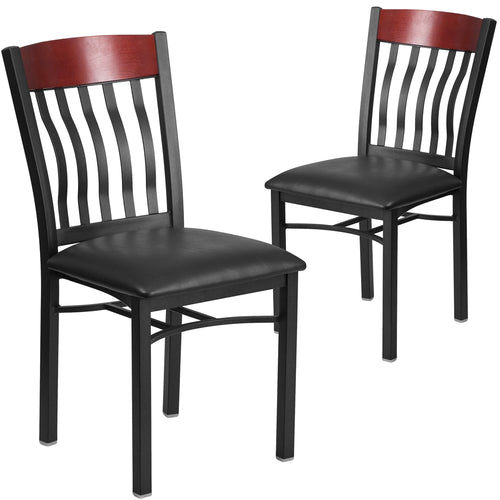 2 Pk. Eclipse Series Vertical Back Black Metal and Mahogany Wood Restaurant Chair with Black Vinyl Seat - Flash Furniture