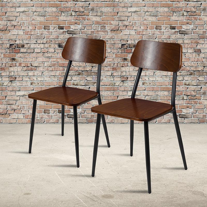Stackable Industrial Dining Chair with Gunmetal Steel Frame and Rustic Wood Seat, Set of 2 - Flash Furniture