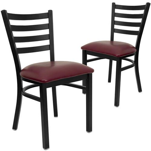 2 Pk. HERCULES Series Black Ladder Back Metal Restaurant Chair - Burgundy Vinyl Seat - Flash Furniture