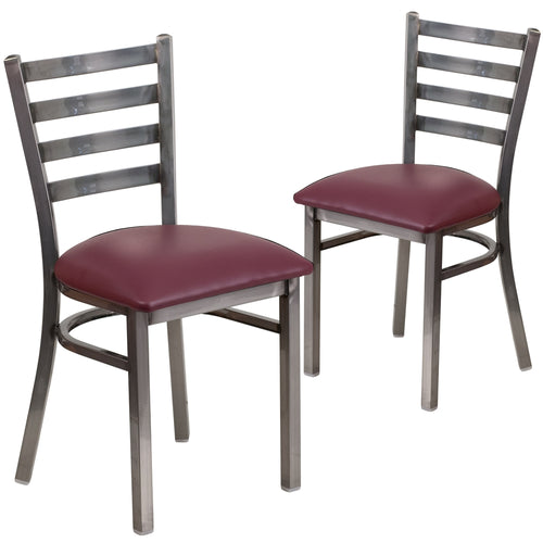 2 Pk. HERCULES Series Clear Coated Ladder Back Metal Restaurant Chair - Burgundy Vinyl Seat - Flash Furniture