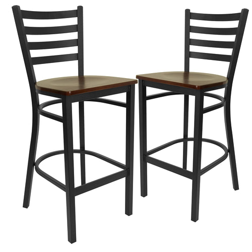 2 Pk. HERCULES Series Black Ladder Back Metal Restaurant Barstool - Mahogany Wood Seat - Flash Furniture