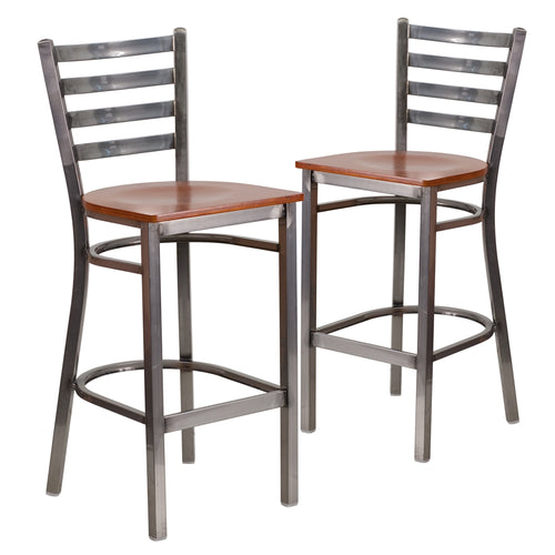 2 Pk. HERCULES Series Clear Coated Ladder Back Metal Restaurant Barstool - Cherry Wood Seat - Flash Furniture