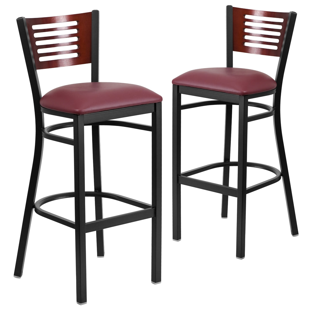 2 Pk. HERCULES Series Black Decorative Slat Back Metal Restaurant Barstool - Mahogany Wood Back, Burgundy Vinyl Seat - Flash Furniture