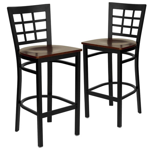 2 Pk. HERCULES Series Black Window Back Metal Restaurant Barstool - Mahogany Wood Seat - Flash Furniture