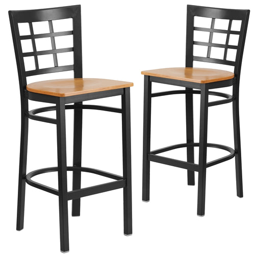 2 Pk. HERCULES Series Black Window Back Metal Restaurant Barstool - Natural Wood Seat - Flash Furniture