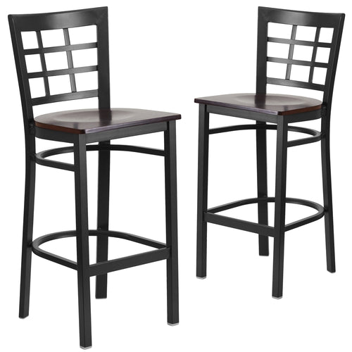 2 Pk. HERCULES Series Black Window Back Metal Restaurant Barstool - Walnut Wood Seat - Flash Furniture