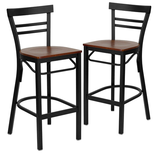 2 Pk. HERCULES Series Black Ladder Back Metal Restaurant Barstool - Cherry Wood Seat - Flash Furniture