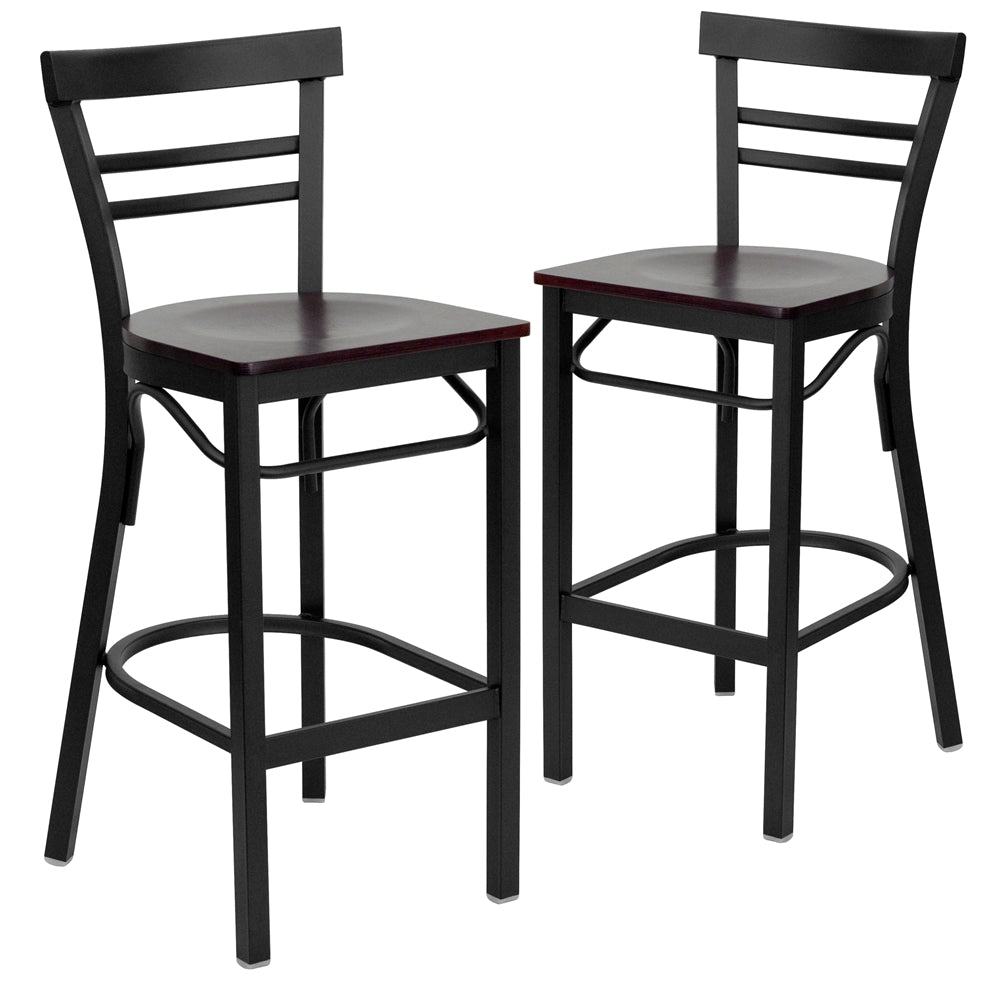 2 Pk. HERCULES Series Black Ladder Back Metal Restaurant Barstool - Mahogany Wood Seat - Flash Furniture