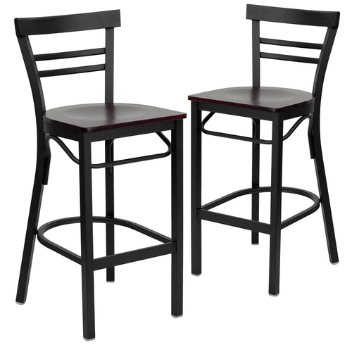 2 Pk. HERCULES Series Black Ladder Back Metal Restaurant Barstool - Mahogany Wood Seat - Flash Furniture