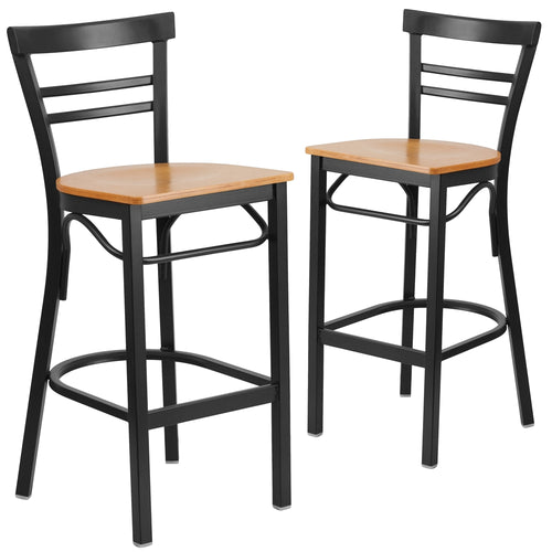 2 Pk. HERCULES Series Black Ladder Back Metal Restaurant Barstool - Natural Wood Seat - Flash Furniture
