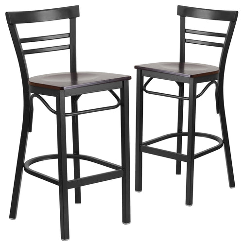 2 Pk. HERCULES Series Black Ladder Back Metal Restaurant Barstool - Walnut Wood Seat - Flash Furniture