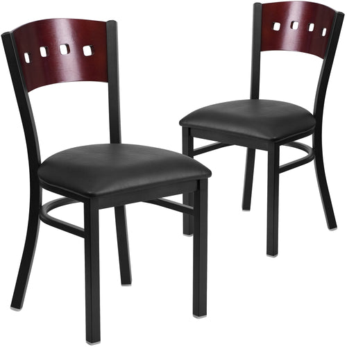 2 Pk. HERCULES Series Black Decorative 4 Square Back Metal Restaurant Chair - Mahogany Wood Back, Black Vinyl Seat - Flash Furniture