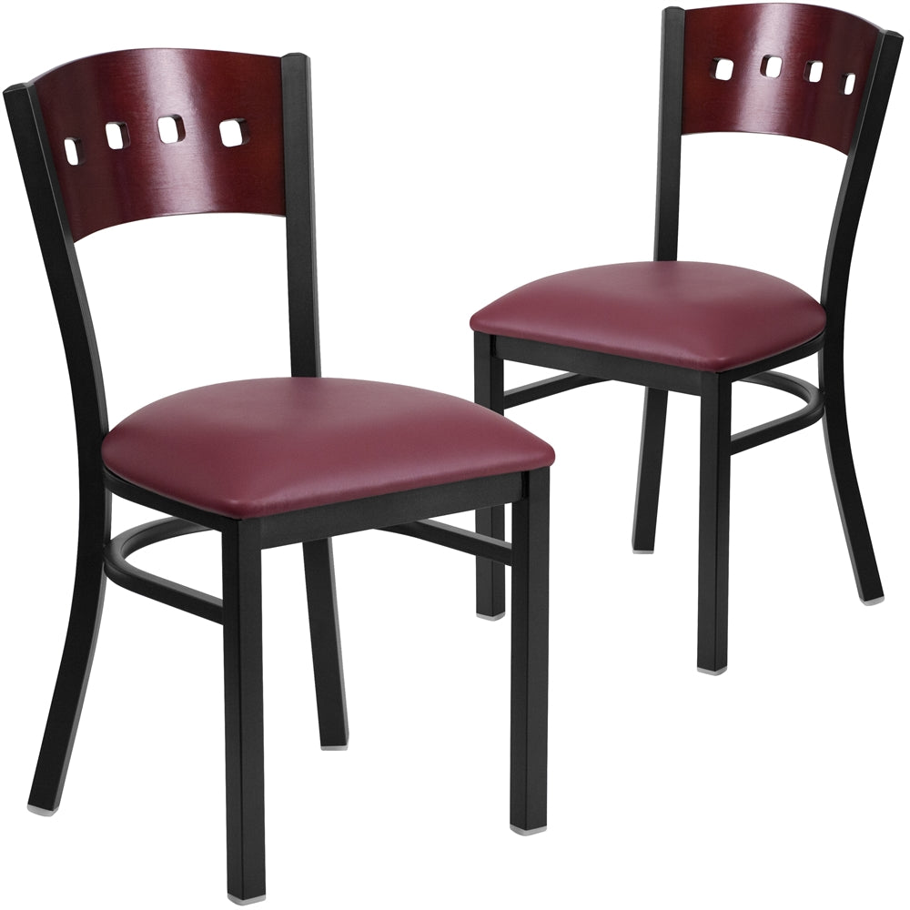 2 Pk. HERCULES Series Black Decorative 4 Square Back Metal Restaurant Chair - Mahogany Wood Back, Burgundy Vinyl Seat - Flash Furniture