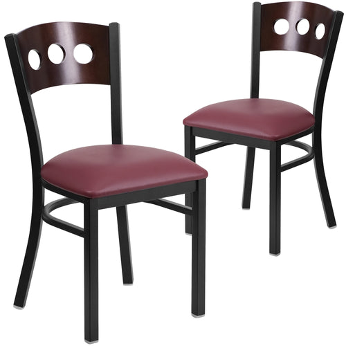 2 Pk. HERCULES Series Black Decorative 3 Circle Back Metal Restaurant Chair - Walnut Wood Back, Burgundy Vinyl Seat - Flash Furniture
