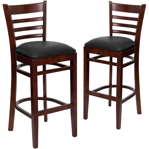 2 Pk. HERCULES Series Mahogany Finished Ladder Back Wooden Restaurant Barstool - Black Vinyl Seat - Flash Furniture