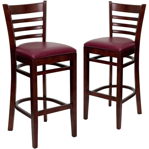 2 Pk. HERCULES Series Mahogany Finished Ladder Back Wooden Restaurant Barstool - Burgundy Vinyl Seat - Flash Furniture