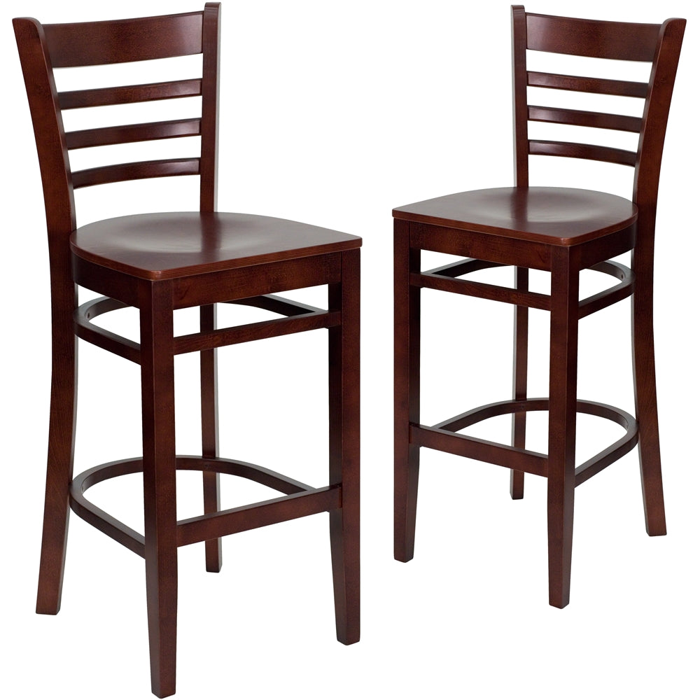 2 Pk. HERCULES Series Mahogany Finished Ladder Back Wooden Restaurant Barstool - Flash Furniture