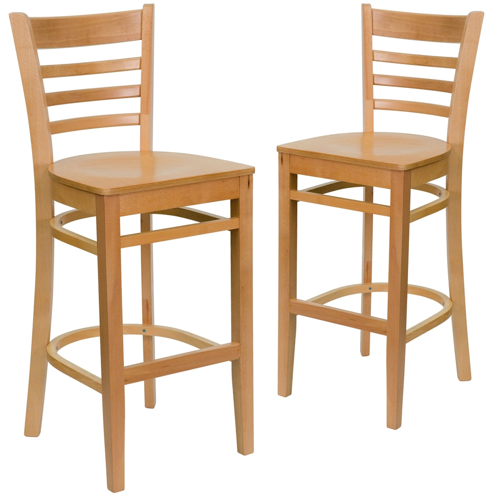 2 Pk. HERCULES Series Natural Wood Finished Ladder Back Wooden Restaurant Barstool - Flash Furniture