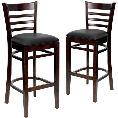 2 Pk. HERCULES Series Walnut Finished Ladder Back Wooden Restaurant Barstool - Black Vinyl Seat - Flash Furniture