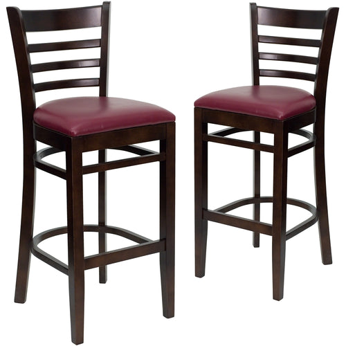 2 Pk. HERCULES Series Walnut Finished Ladder Back Wooden Restaurant Barstool - Burgundy Vinyl Seat - Flash Furniture