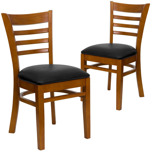 2 Pk. HERCULES Series Cherry Finished Ladder Back Wooden Restaurant Chair - Black Vinyl Seat - Flash Furniture