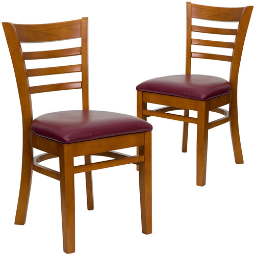 2 Pk. HERCULES Series Cherry Finished Ladder Back Wooden Restaurant Chair - Burgundy Vinyl Seat - Flash Furniture