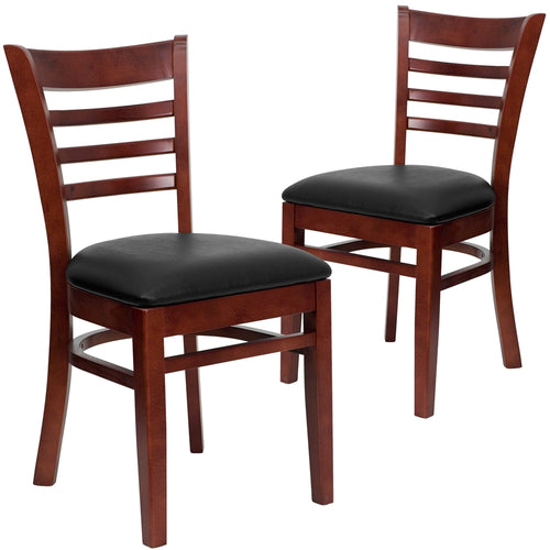 2 Pk. HERCULES Series Mahogany Finished Ladder Back Wooden Restaurant Chair - Black Vinyl Seat - Flash Furniture