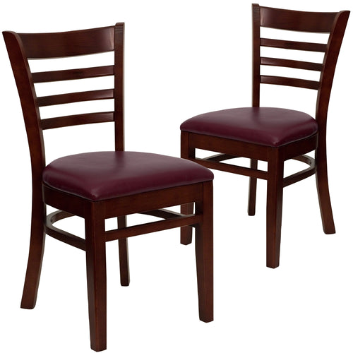 2 Pk. HERCULES Series Mahogany Finished Ladder Back Wooden Restaurant Chair - Burgundy Vinyl Seat - Flash Furniture