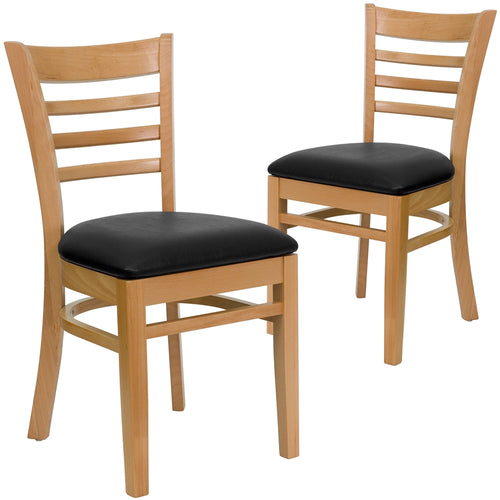 2 Pk. HERCULES Series Natural Wood Finished Ladder Back Wooden Restaurant Chair - Black Vinyl Seat - Flash Furniture