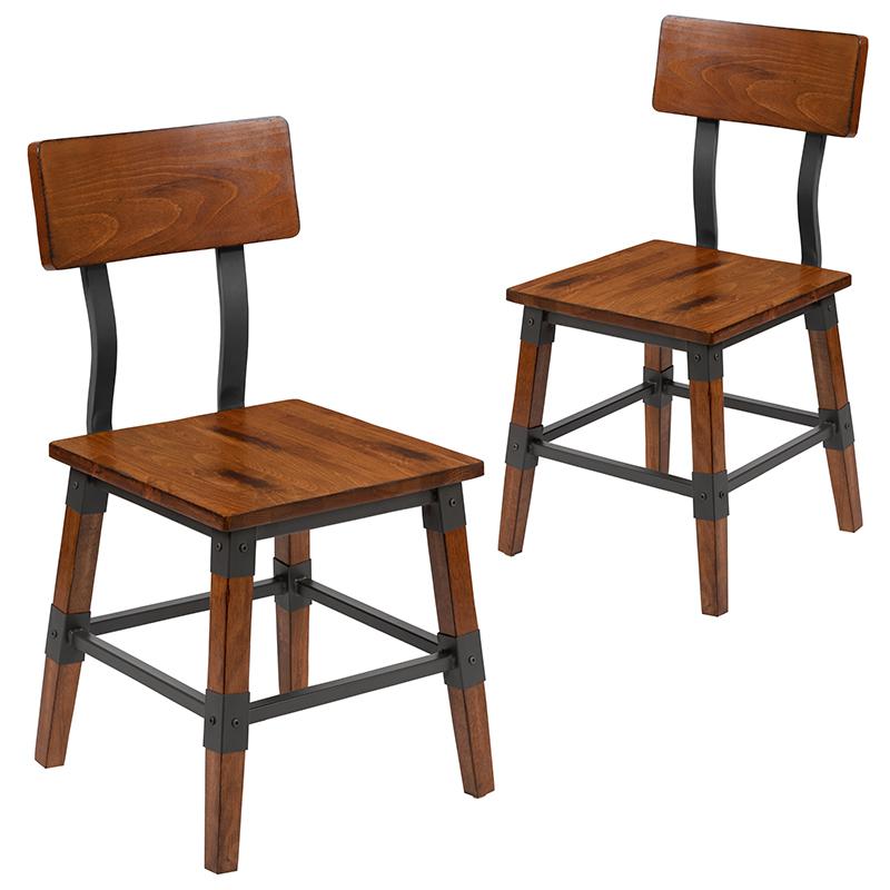 2 Pack Rustic Antique Walnut Industrial Wood Dining Chair - Flash Furniture