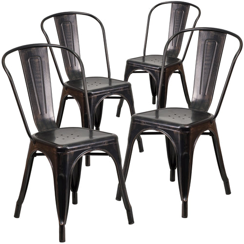 4 Pk. Black-Antique Gold Metal Indoor-Outdoor Stackable Chair - Flash Furniture